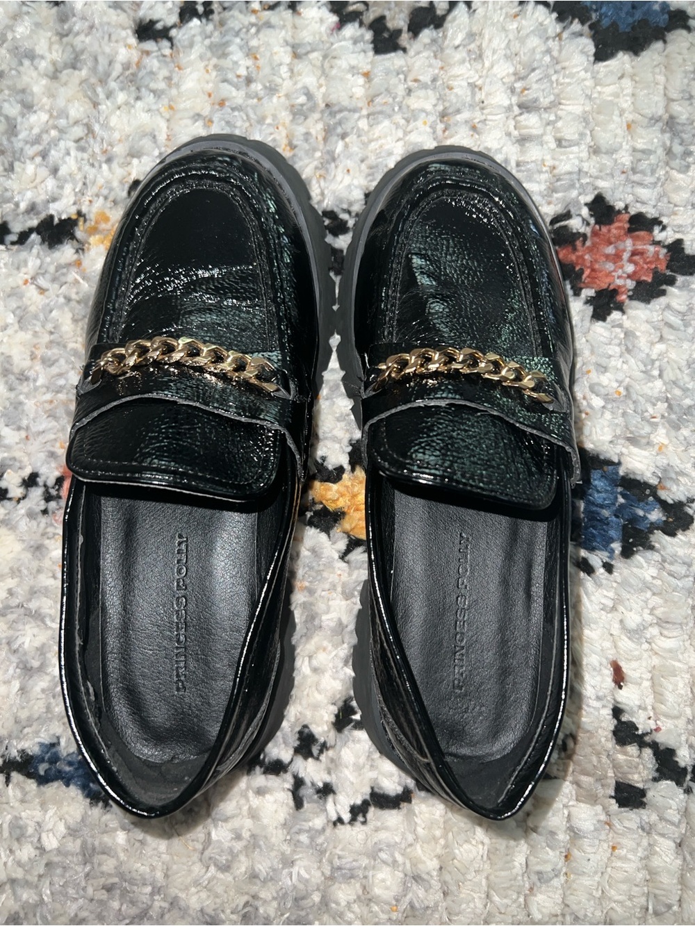 Princess Polly Black Patent Loafers with Gold Chain Trim